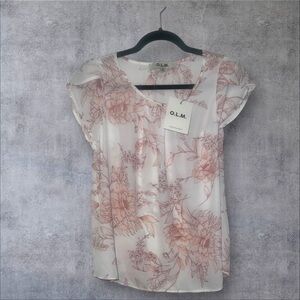 Cream and Pink Ruffled Blouse with Flutter‎ Sleeves